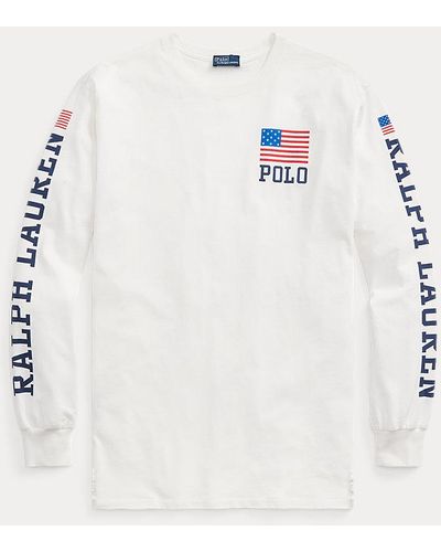 Polo Ralph Lauren Langärmliges T-Shirt mit Logo-Flagge - Weiß