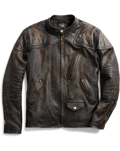 RRL Slim Fit Leather Moto Jacket - Black