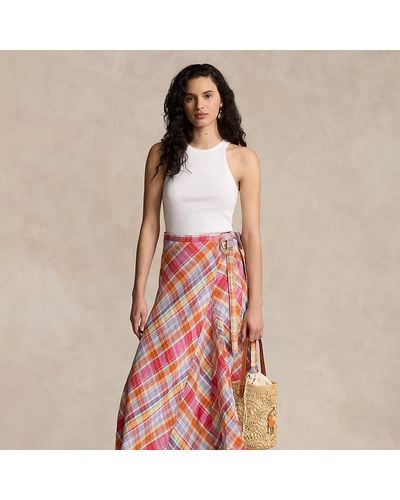 Polo Ralph Lauren Plaid Linen Wrap Skirt - Pink