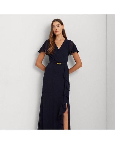 Lauren by Ralph Lauren Ralph Lauren Belted Georgette Flutter-sleeve Gown - Blue