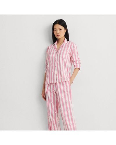 Lauren by Ralph Lauren Gestreepte Satinet Pyjamaset Met Logo - Roze