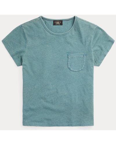 RRL Camiseta de algodón y lino con bolsillo - Azul