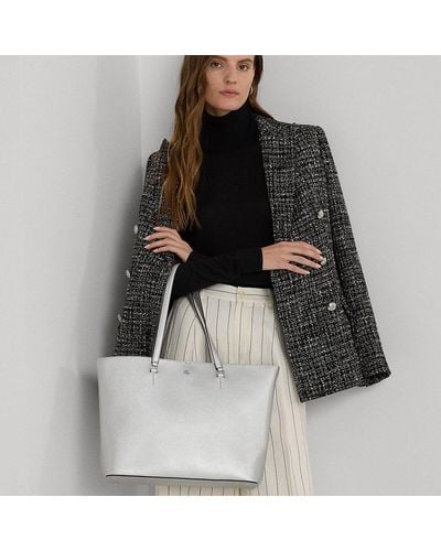 Lauren by Ralph Lauren Crosshatch Leather Large Karly Tote - White