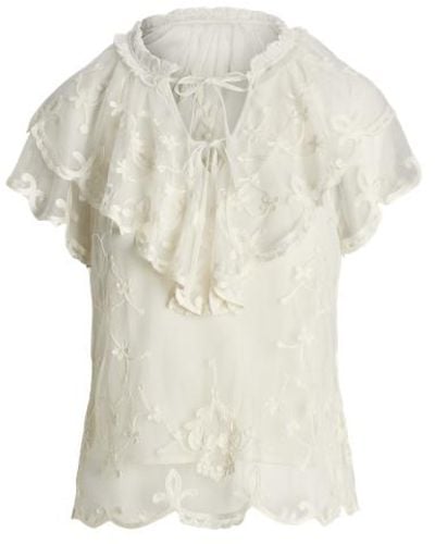 Lauren by Ralph Lauren Piqué-Bluse mit Stickerei und Rüschen - Weiß