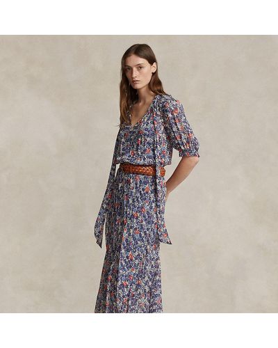 Ralph Lauren Gebloemde Georgette Jurk Met Strikjes - Blauw