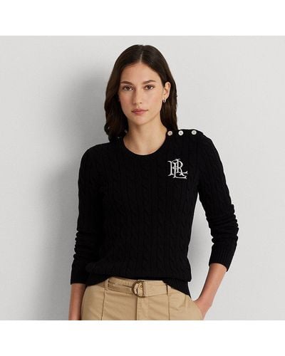 Lauren by Ralph Lauren Kabelgebreide Katoenen Trui Met Knopen - Zwart