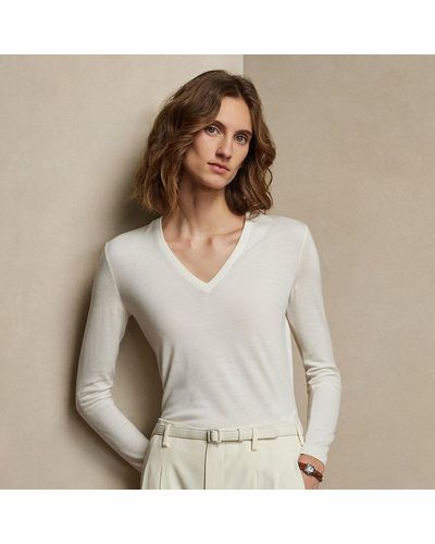 Ralph Lauren Collection Ralph Lauren Wool Long-sleeve V-neck Sweater - Natural