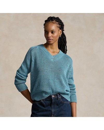 Ralph Lauren Linen-cotton V-neck Sweater - Blue