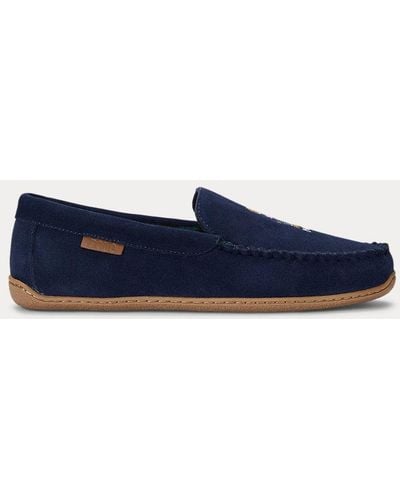 Polo Ralph Lauren Brenan Suède Pantoffel Met Polo Bear - Blauw