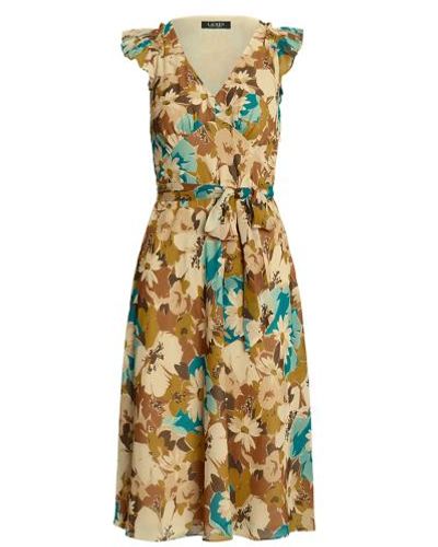 Lauren by Ralph Lauren Floral Belted Crinkle Georgette Dress - Metallic