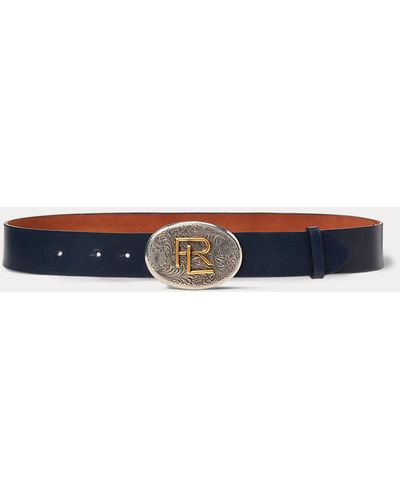 Ralph Lauren Collection Rl Tooled-buckle Box Leather Wide Belt - Blue