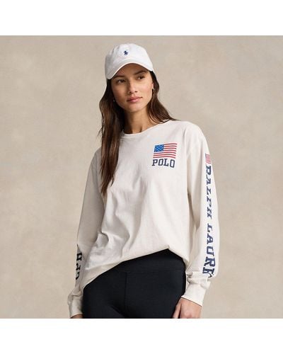 Polo Ralph Lauren Maglietta in jersey con logo e bandiera - Bianco