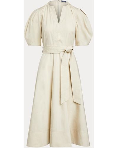 Polo Ralph Lauren Belted Cotton Puffed-sleeve Midi Dress - Natural