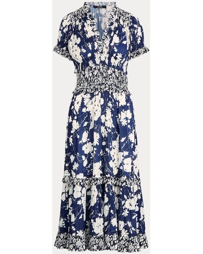 Ralph Lauren Kleid mit Falten und Blumenmuster - Blau