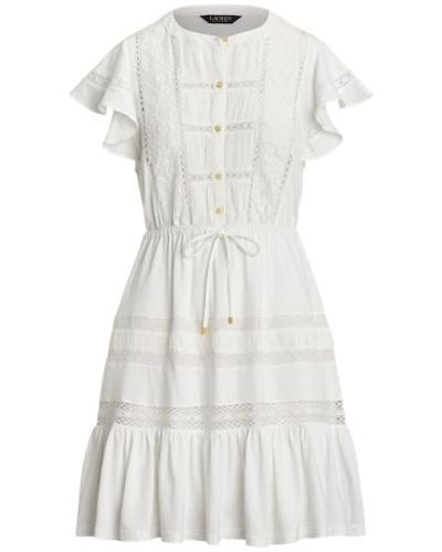 Lauren by Ralph Lauren Lace-trim Jersey Flutter-sleeve Dress - White