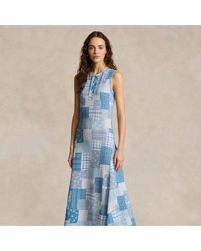 Ralph Lauren Doppellagiges ärmelloses Patchwork-Kleid - Blau