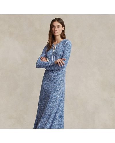 Ralph Lauren Wafelgebreide Henley-jurk Met Bloemen - Blauw