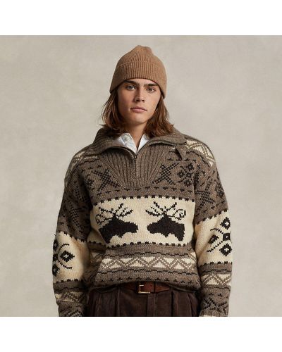 Polo Ralph Lauren Moose-intarsia Quarter-zip Sweater - Brown