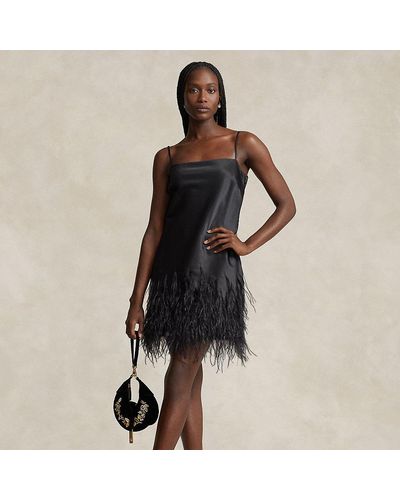 Ralph Lauren Feather-trim Satin Cocktail Dress - Black