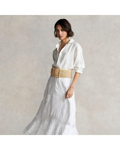 Ralph Lauren Inset-lace Linen A-line Midi Skirt - White