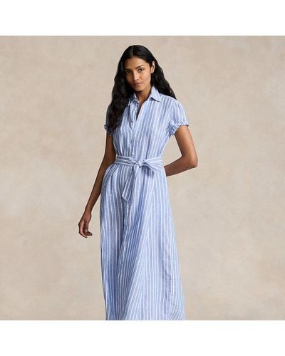 Polo Ralph Lauren Belted Striped Linen Shirtdress - Blue