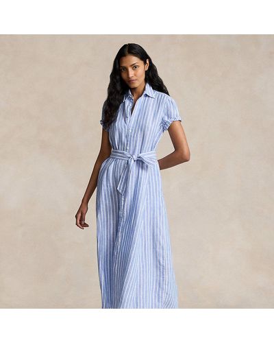 Ralph Lauren Belted Striped Linen Shirtdress - Blue