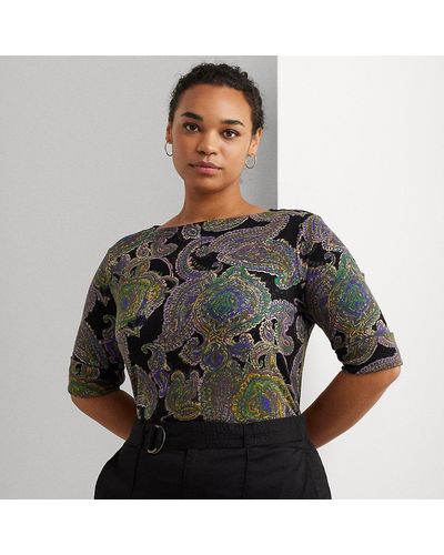 Lauren by Ralph Lauren Plus Size - Katoenen T-shirt Met Boothals En Paisley - Zwart