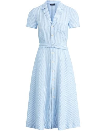 Ralph Lauren Belted Linen Midi Dress In Blue/white - Size 14
