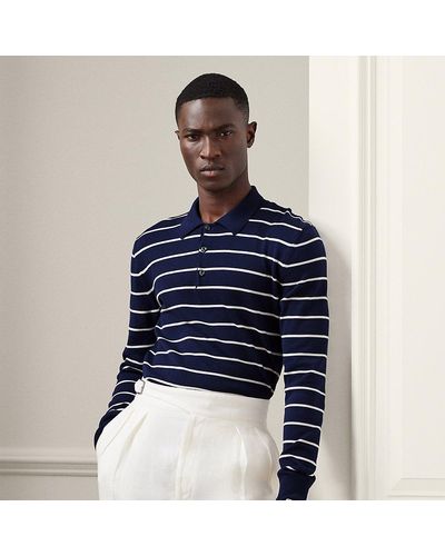 Ralph Lauren Purple Label Striped Cotton Polo-collar Sweater - Blue