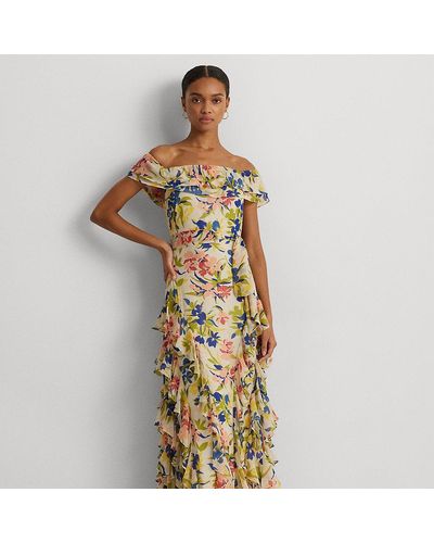 Lauren Ralph Lauren Floral Ruffle-Trim Georgette Gown Women's Dress Cream Multi : 2