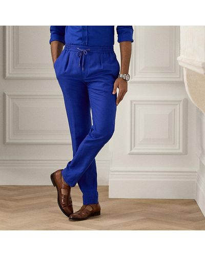 Ralph Lauren Purple Label Pantaloni in seta e lino con coulisse - Blu