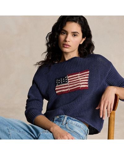 Ralph Lauren Flag Pointelle Cotton-linen Sweater - Blue