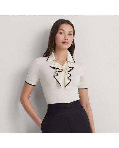 Lauren by Ralph Lauren Petite - Tweekleurige Polo Trui Met Rucherand - Wit