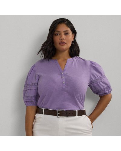 Lauren by Ralph Lauren Ralph Lauren Lace-trim Jersey Puff-sleeve Henley Tee - Purple
