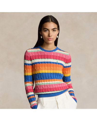 Ralph Lauren Striped Cable Cotton Crewneck Sweater - Red