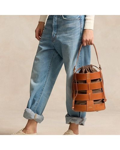Ralph Lauren Leather Medium Basketweave Bucket Bag - Blue
