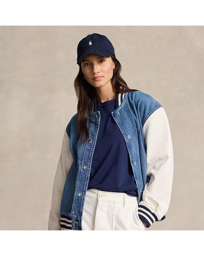 Polo Ralph Lauren Denim Bomber Jacket Met Vlag- En Logo -ontwerp - Blauw