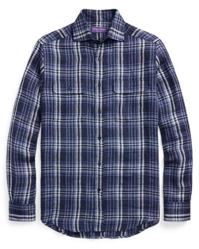 Ralph Lauren Purple Label Plaid Linen Twill Shirt - Blue