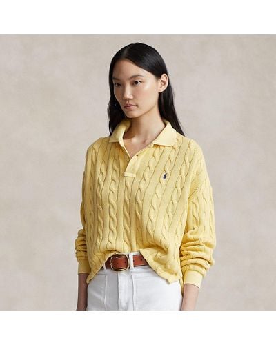Polo Ralph Lauren Langärmliges Poloshirt mit Zopfmuster - Gelb