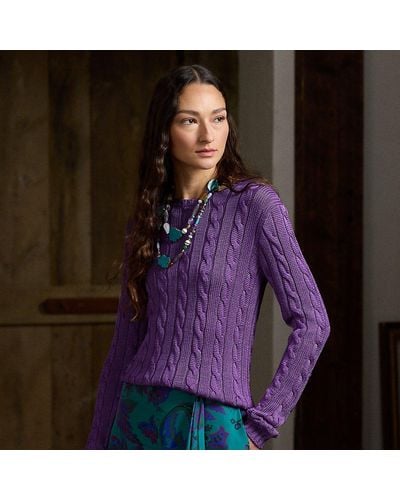 Ralph Lauren Collection Ralph Lauren Cable-knit Silk Crewneck Sweater - Purple