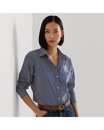 Lauren by Ralph Lauren Striped Cotton Broadcloth Shirt - Blue