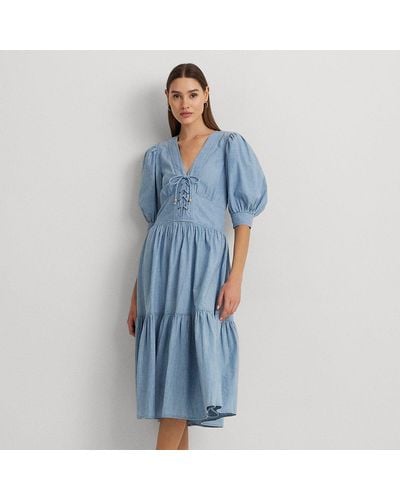 Lauren by Ralph Lauren Ralph Lauren Chambray Puff-sleeve Dress - Blue