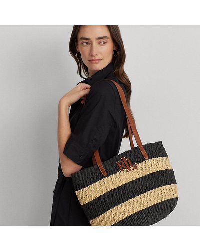 Lauren by Ralph Lauren Striped Straw Medium Hartley Tote Bag - Black