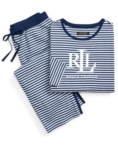 Lauren by Ralph Lauren Gestreepte Interlock Pyjamaset Met Logo - Blauw