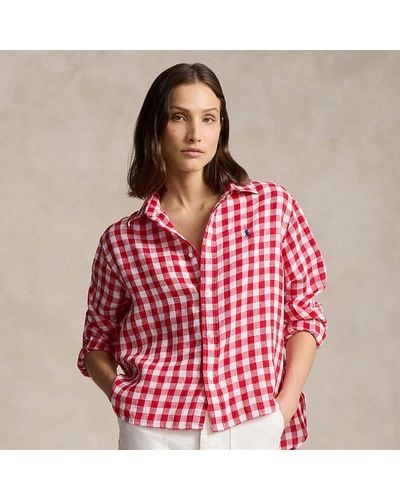 Polo Ralph Lauren Wijd Cropped Linnen Gingham Overhemd - Rood