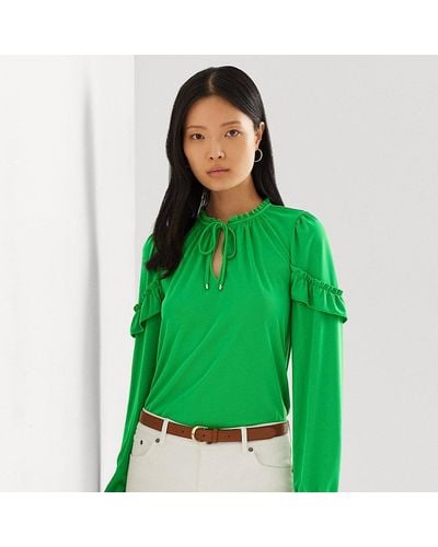 Lauren by Ralph Lauren Ruffle-trim Stretch Jersey Tie-neck Top - Green