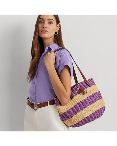 Lauren by Ralph Lauren Ralph Lauren Striped Straw Medium Hartley Tote Bag - Purple