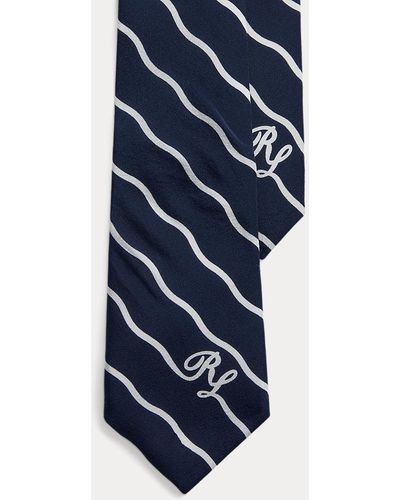 Ralph Lauren Purple Label Wavy-stripe Logo Silk Crepe Tie - Blue