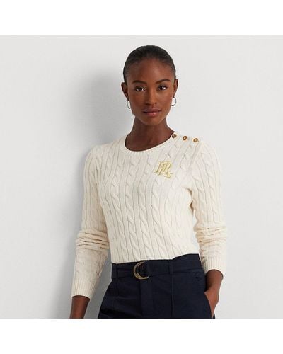 Lauren by Ralph Lauren Button-trim Cable-knit Cotton Jumper - White