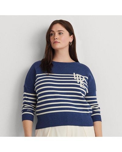 Lauren by Ralph Lauren Ralph Lauren Logo Striped Cotton Boatneck Sweater - Blue